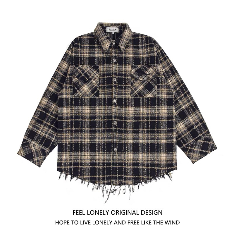 Flannel hoạ tiết sọc kẻ caro basic rách tuya thiết kế độc lạ phong cách Hàn Quốc.