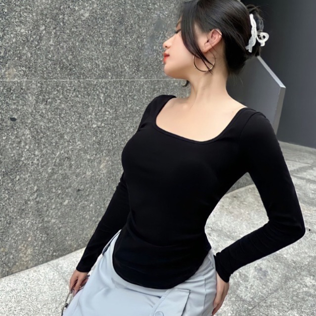 Áo thun tăm gân cổ vuông tay dài tôn dáng nữ. Áo body giữ nhiệt mùa thu đông hack dáng