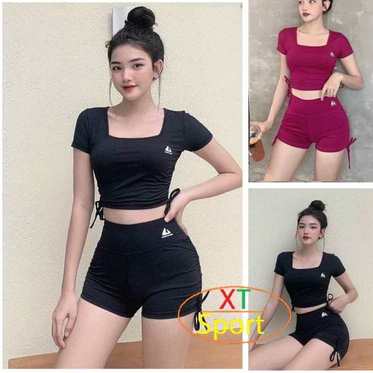 Quần áo tập Gym, yoga, aerobic nữ, Bộ tập gym nữ cổ vuông quần đùi rút chất đẹp, co giãn tốt mặc siêu thích GY016