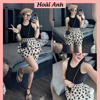 Set bộ đồ nữ áo ba lỗ đen ôm body mix quần váy chấm bi xòe tầng freesize