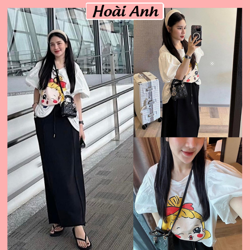 Set Bộ Đồ Nữ Áo Phông Cô Bé Buộc Tóc Tay Bồng Mix Chân Váy Đen Dáng Dài Freesize