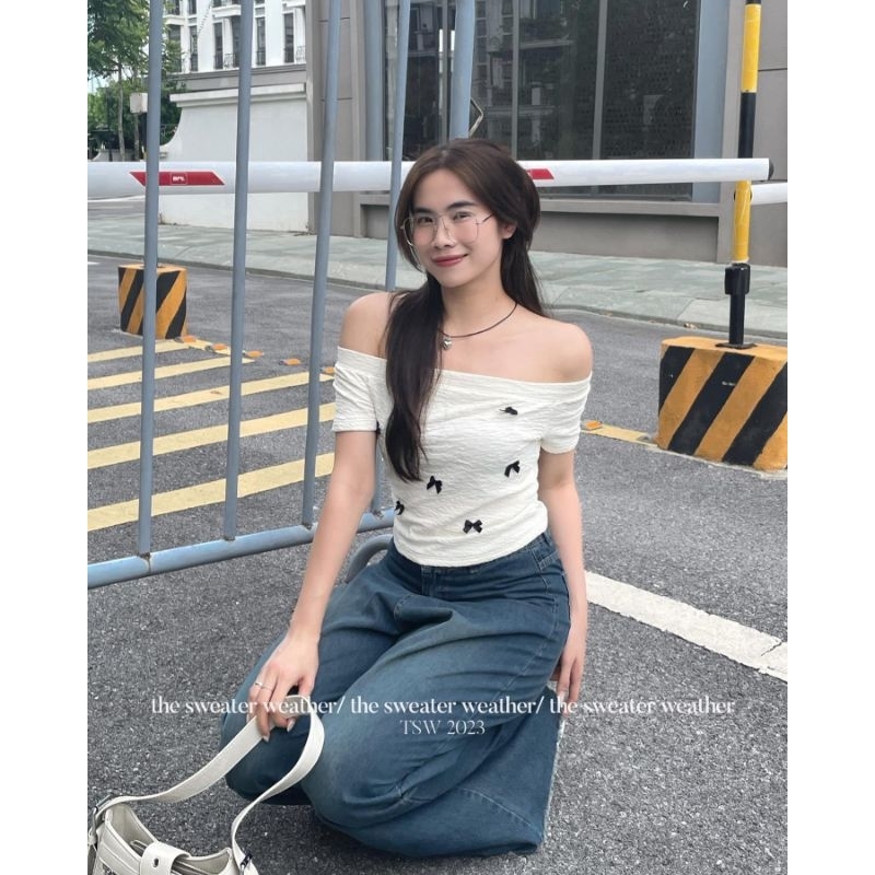 Áo trễ vai xốp gấm đính nơ Mini Ribbon Top dáng ngắn croptop ulzzang Hàn Quốc - Ảnh thật Yena Closet 3459