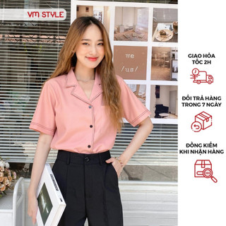 Áo sơ mi nữ VMSTYLE tay ngắn cổ vest viền chỉ nổi 01514 SMU00007