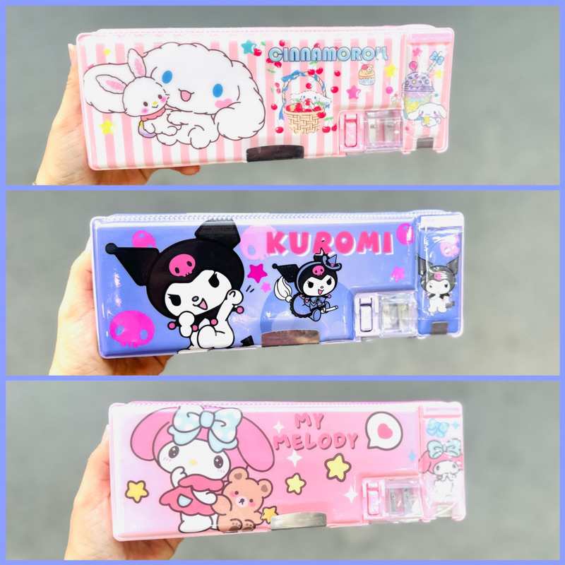 Hộp Bút Hít 2 Mặt Kèm Đồ Chuốt, Ngăn Đựng Gôm Mẫu Gấu Dâu, BlackPink, Trà Sữa Dễ Thương Cho Bé