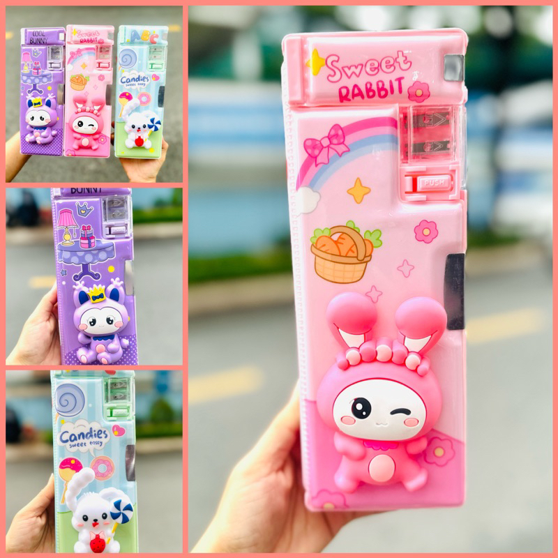 Hộp Bút Hít 2 Mặt Kèm Đồ Chuốt, Ngăn Đựng Gôm Mẫu Gấu Dâu, BlackPink, Trà Sữa Dễ Thương Cho Bé