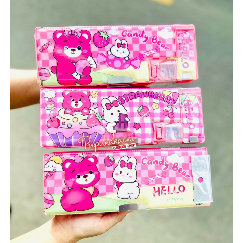 Hộp Bút Hít 2 Mặt Kèm Đồ Chuốt, Ngăn Đựng Gôm Mẫu Gấu Dâu, BlackPink, Trà Sữa Dễ Thương Cho Bé