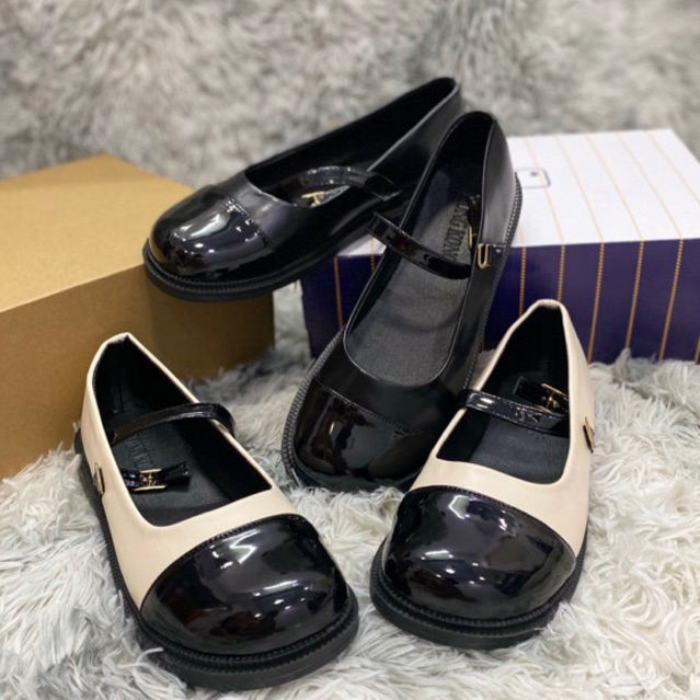 Giày búp bê nữ mũi tròn Doll⚡ GIÁ SỐC ⚡Giày bệt nữ đế bằng dây cài 2 màu kem-đen phong cách Ulzzang thời trang Hàn Quốc