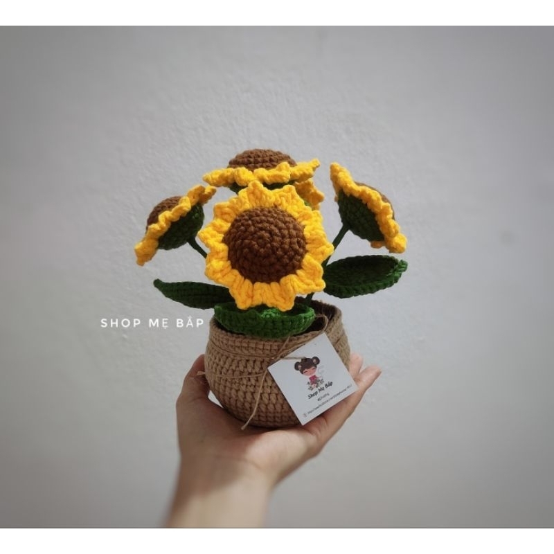 Chậu hoa Tuylip len 6 bông, Hướng dương,Dâu tây bằng len, phối màu theo yêu cầu .