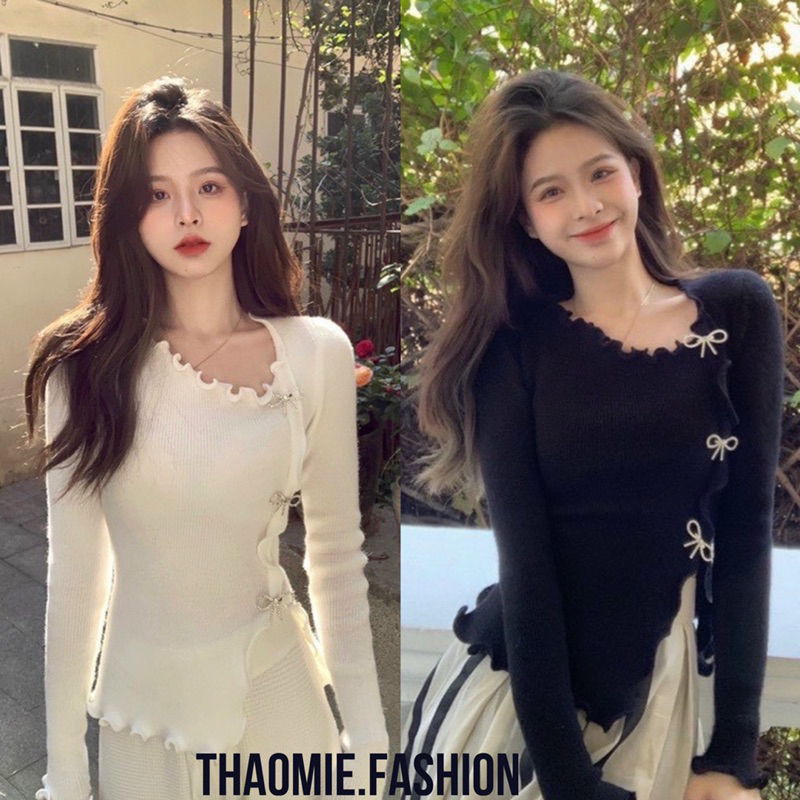 ÁO KIỂU TAY DÀI ĐÍNH NƠ ĐÁ PHỐI VIỀN BÈO XẺ TÀ THAOMIE.FASHION