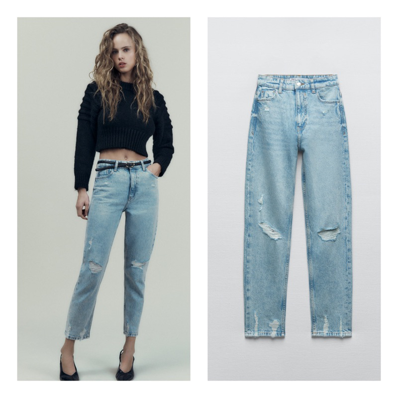 Quần jean Z1975 momfit kiểu rách cạp xanh sáng mã code: 7223/024/406 ZARA chính hãng