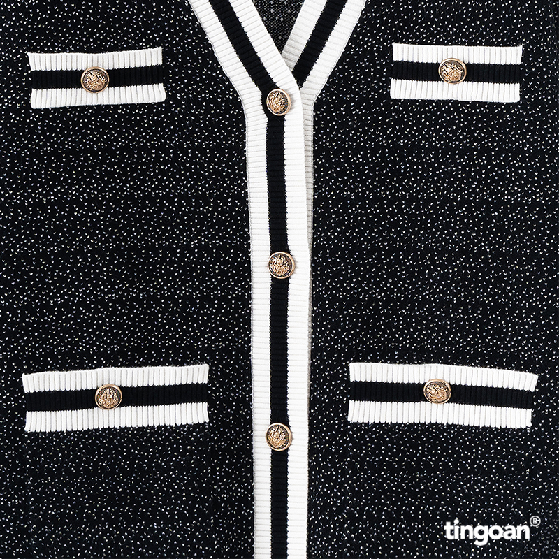 TINGOAN® Áo khoác cardigan len xù đen viền trắng tingoan RAINBOW BABY CARDIGAN/BL