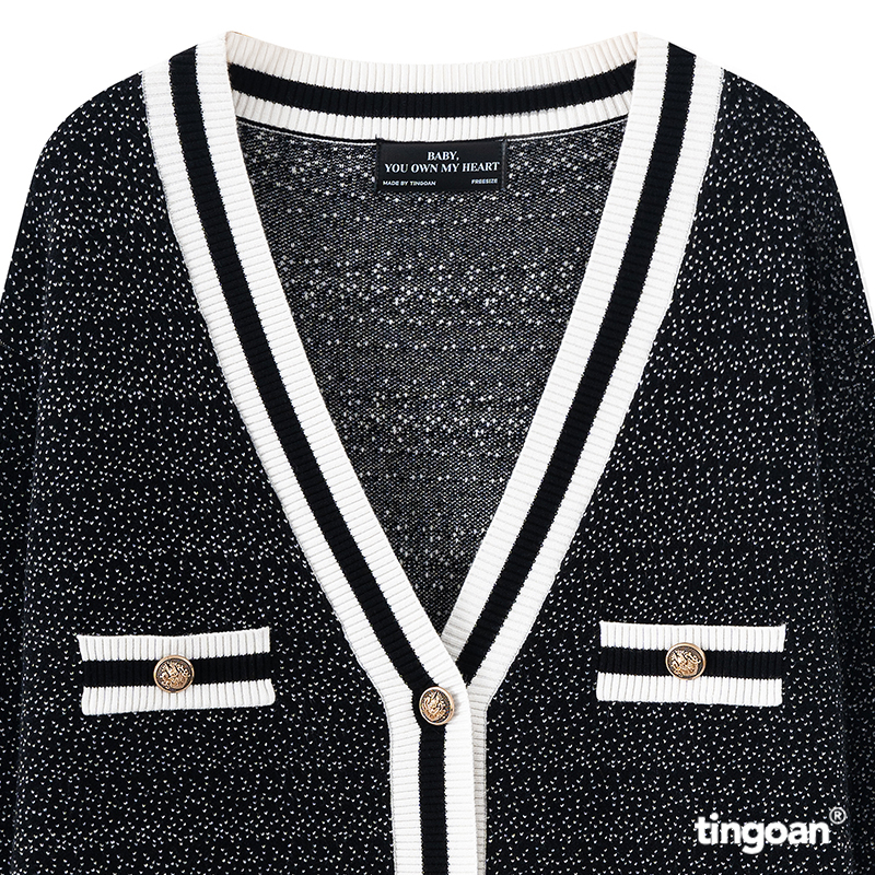 TINGOAN® Áo khoác cardigan len xù đen viền trắng tingoan RAINBOW BABY CARDIGAN/BL
