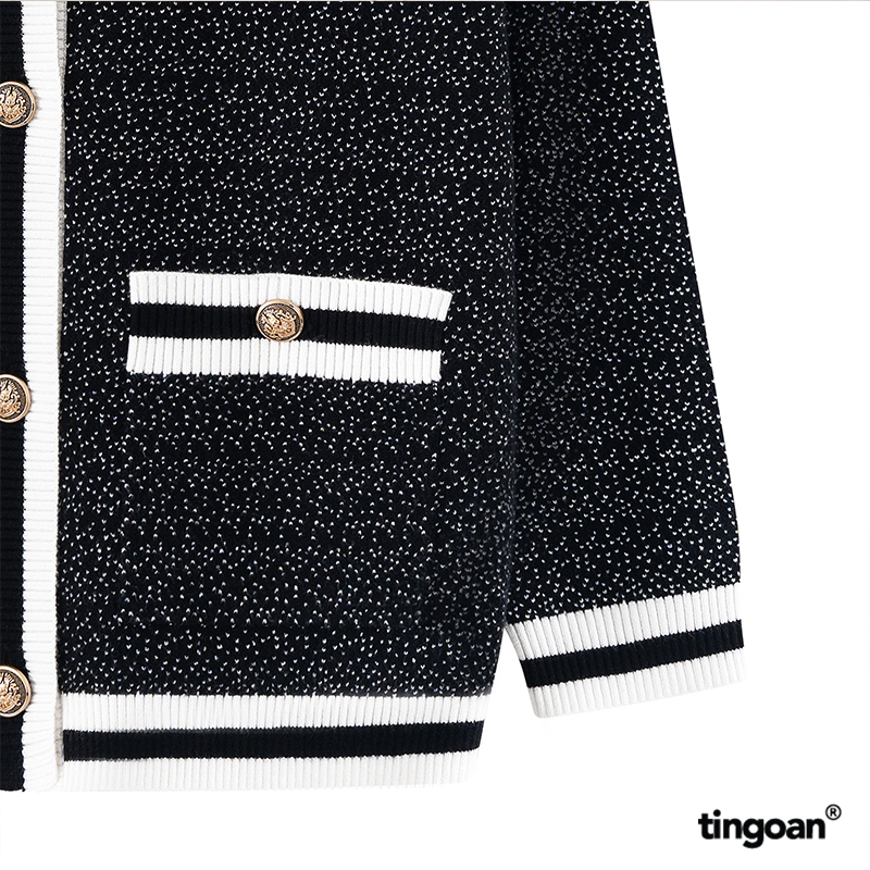 TINGOAN® Áo khoác cardigan len xù đen viền trắng tingoan RAINBOW BABY CARDIGAN/BL