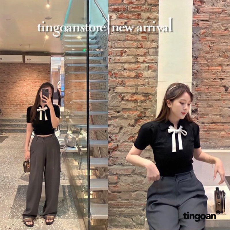 TINGOAN  SÀI GÒN- Áo len đen crop bề mặt len hoạ tiết quả trám cùng chi tiết buộc nơ YURI YURI TOP/BL