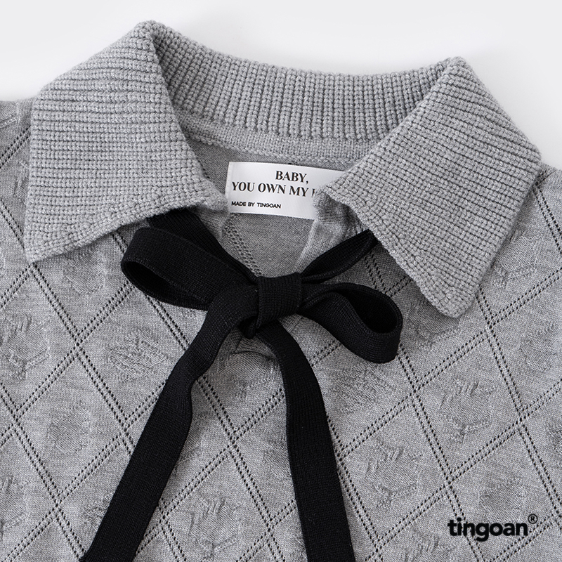 TINGOAN® SÀI GÒN - Áo len xám crop bề mặt len hoạ tiết quả trám cùng chi tiết buộc nơ YURI YURI TOP/GR