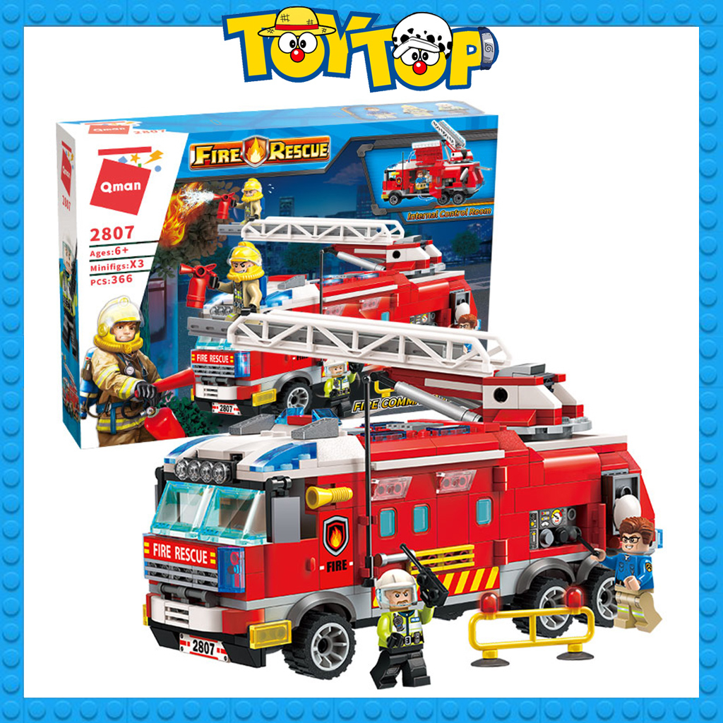 Đồ chơi lắp ráp xe ô tô cứu hỏa dạng thang cảnh sát phòng cháy thành phố xếp hình Qman 2807 với 366 mảnh ghép