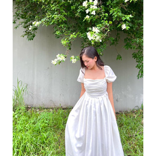 Đầm linen trắng xếp ngực middi - Bạch An