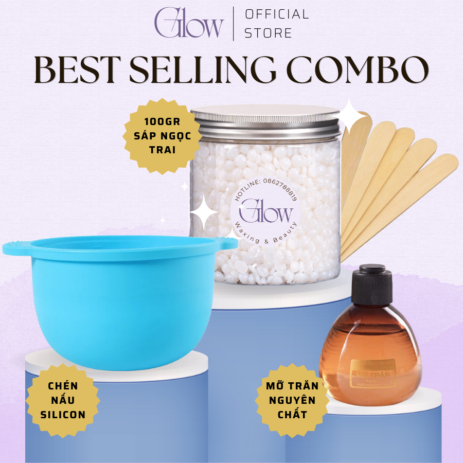 Combo 100gr Sáp Wax Lông Ngọc Trai + Mỡ Trăn Nstore + Chén Silicone Nấu Sáp Wax Lông Chống Dính GLOW WAXING Tặng Que