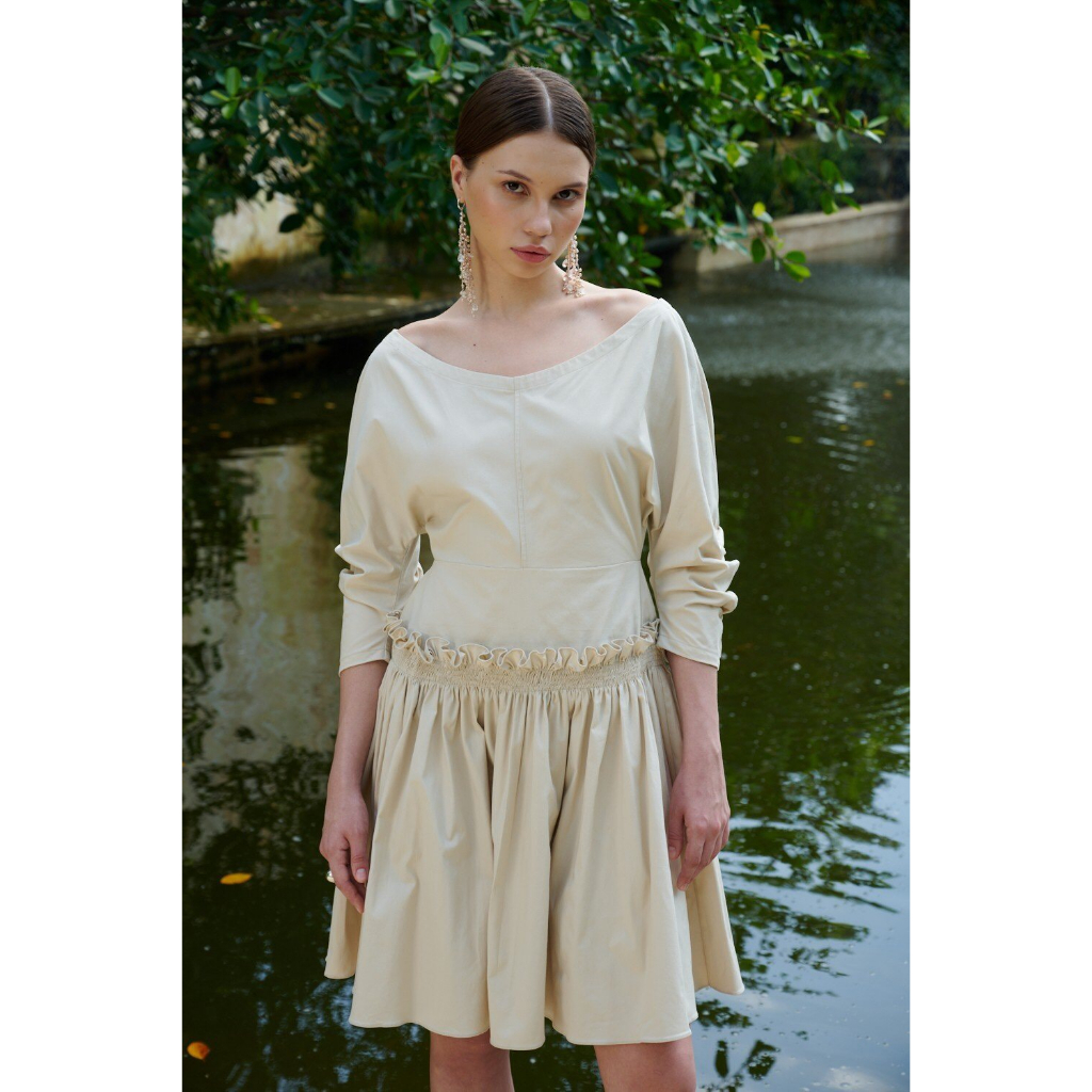 Đầm Cổ V Tay Dơi Tùng Có Bèo Nhún Nữ AT MODA DE LITA