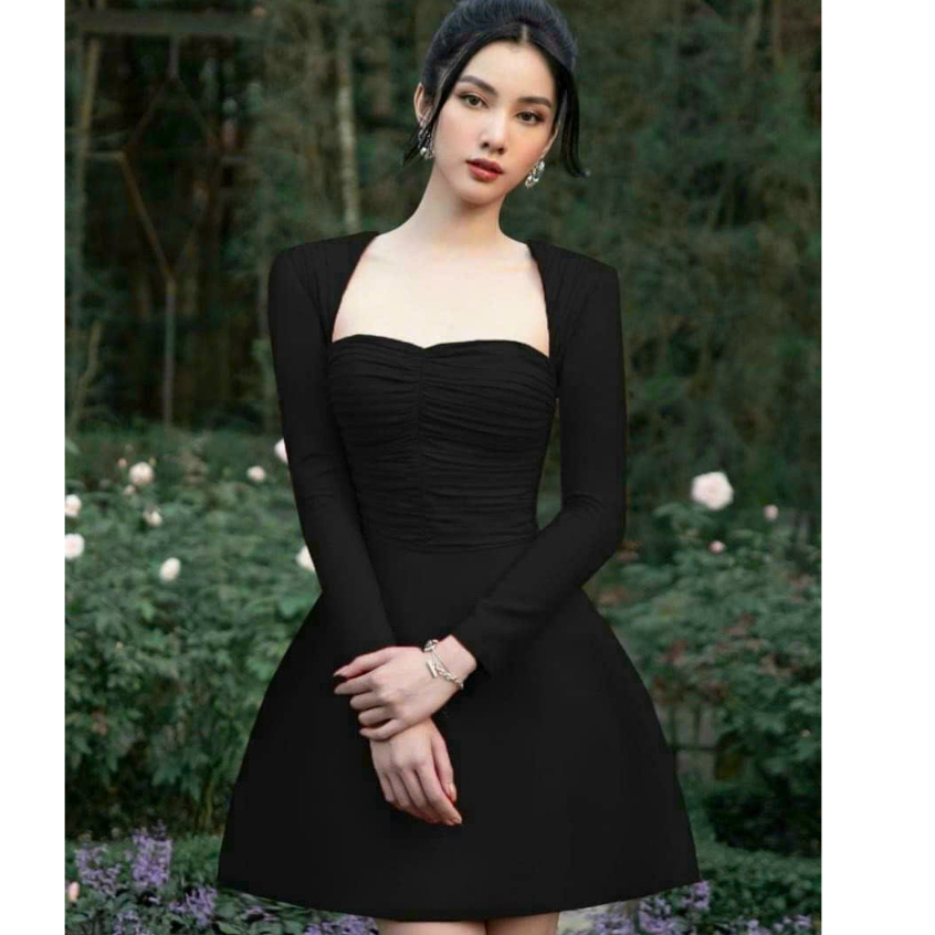 Đầm nữ dự tiệc,đầm tiểu thư dáng chữ A tay dài cổ vuông vải da lộn cho nàng sắc thái thanh lịch sang trong
