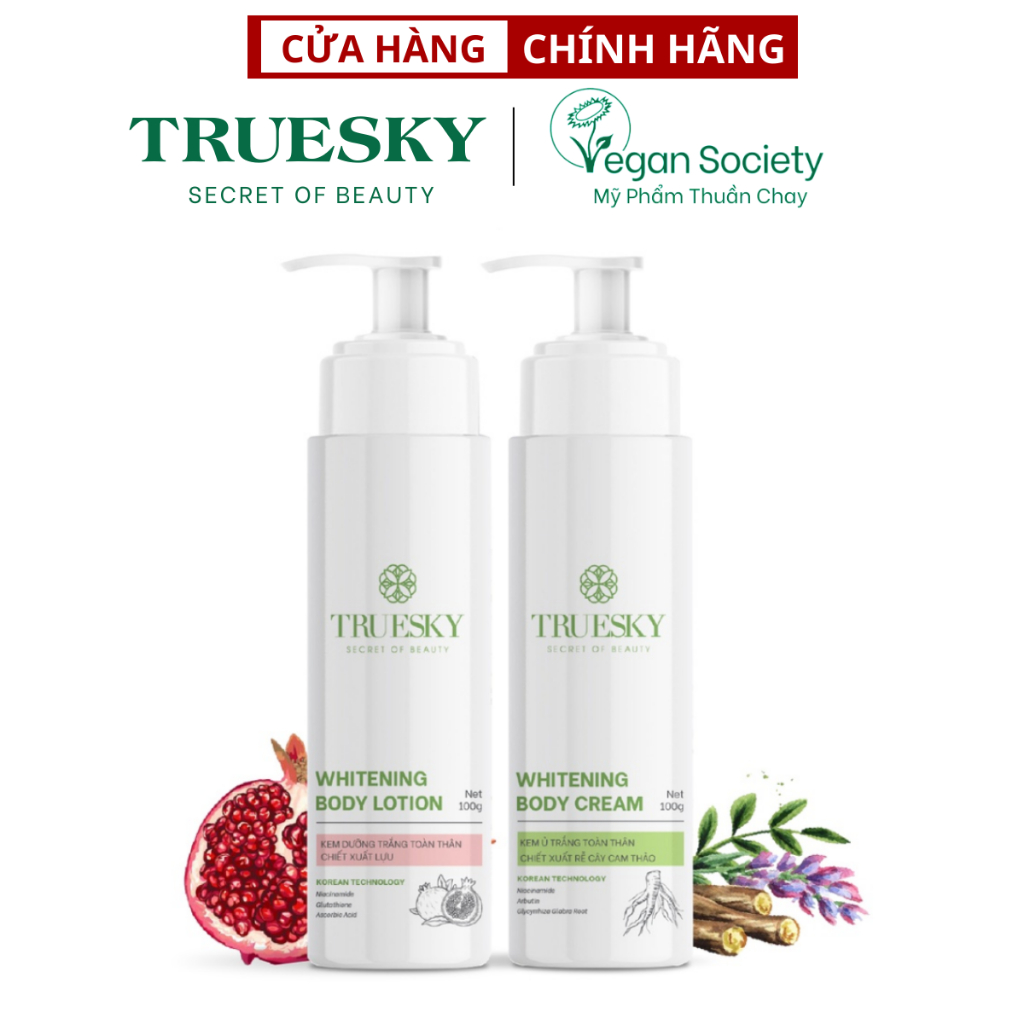 Bộ tắm trắng toàn thân Truesky gồm 1 kem ủ trắng toàn thân 100g và 1 kem dưỡng trắng toàn thân 100g