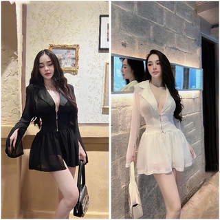 Đầm Nữ Cổ Vest Khoét Ngực Tay Loe Dáng Ngắn Hàng Quảng Châu AP104