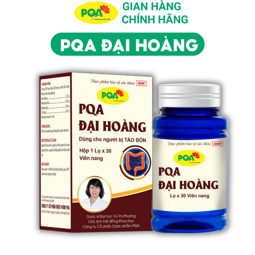 PQA Đại Hoàng dùng cho người bị táo bón, người có thói quen ít ăn rau, thiếu chất xơ. Hộp 30 viên