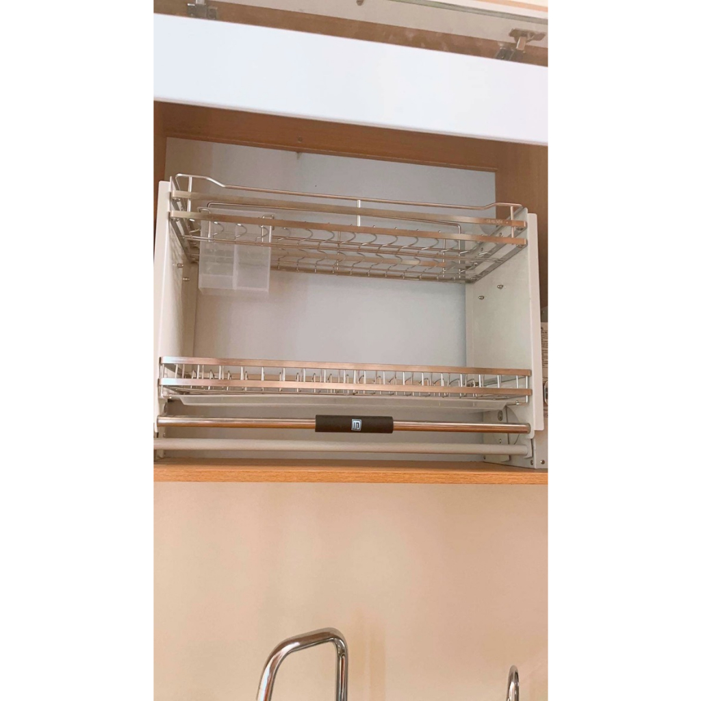 Giá bát đĩa nâng hạ thông minh inox 304 kèm ống đũa lắp tủ bếp cao cấp, kệ chén đĩa nâng hạ tủ bếp model 2023
