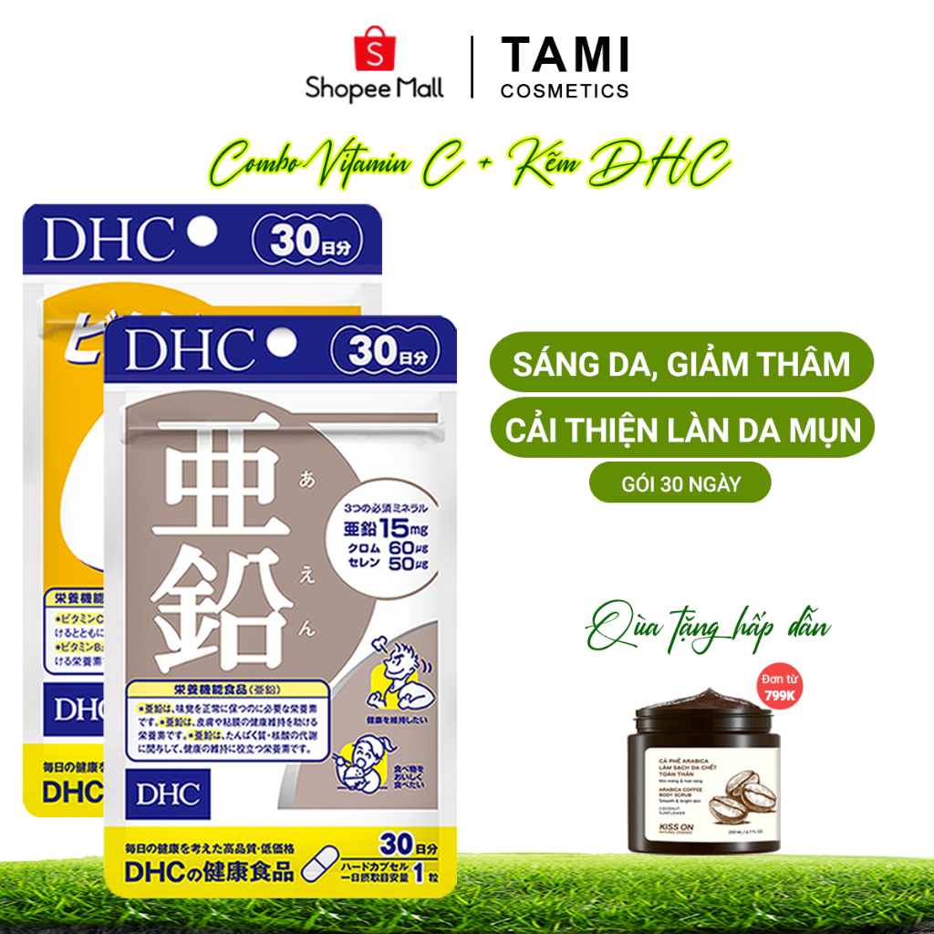 Combo viên uống 30 ngày Vitamin C và Kẽm Zinc DHC, thực phẩm chức năng làm giảm mụn, da dầu, mờ thâm nám, trắng sáng da.