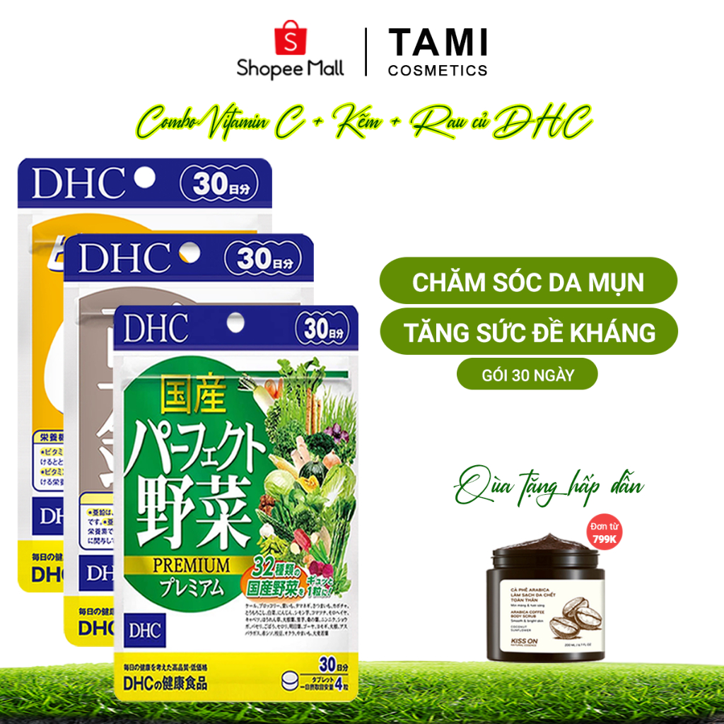 Combo CHĂM SÓC DA MỤN DHC Nhật Bản (viên uống Vitamin C, viên uống Rau củ và Viên uống Kẽm zinc) TM-DHC-CB15