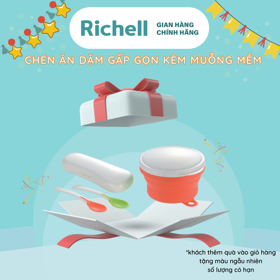 (hàng tặng không bán) Chén ăn dặm gấp gọn Cam RICHELL kèm 2 muỗng mềm và hộp | Gift