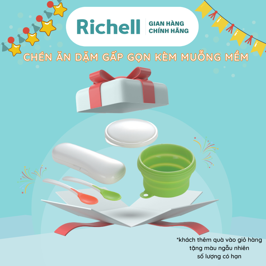 (hàng tặng không bán) Chén ăn dặm gấp gọn Xanh RICHELL kèm 2 muỗng mềm và hộp | Gift