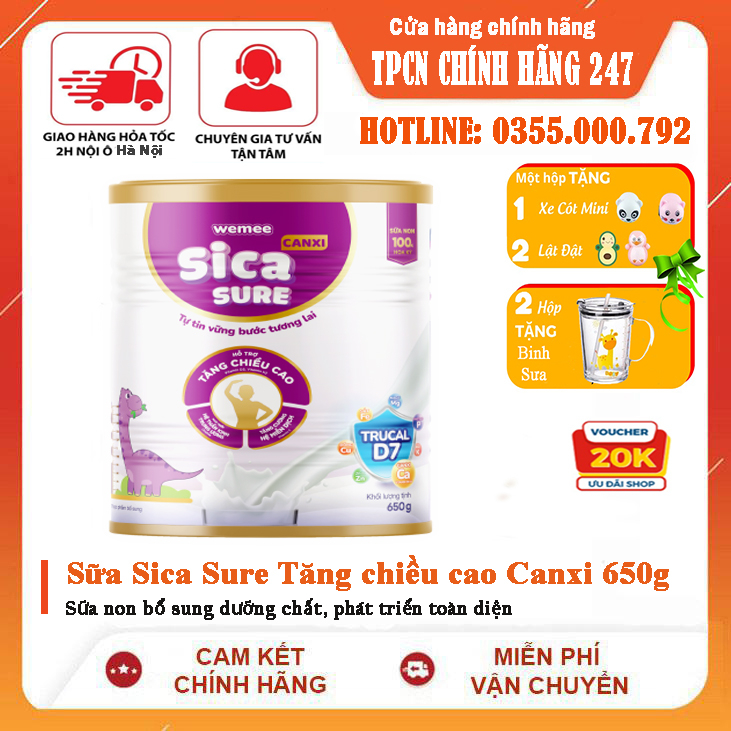 Sữa Sica Sure Canxi tăng chiều cao cho bé hộp 650g - Sữa non bổ sung dưỡng chất, phát triển toàn diện