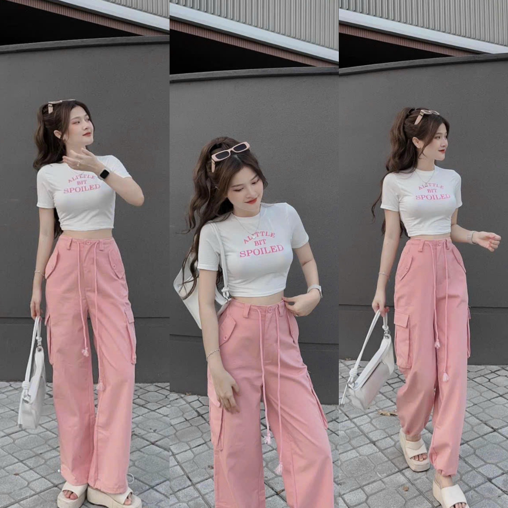 Set bộ đồ nữ áo borip croptop chữ mix quần ống rộng túi hộp kaki với 2 tone màu cá tính, năng động phù hợp đi chơi dạo