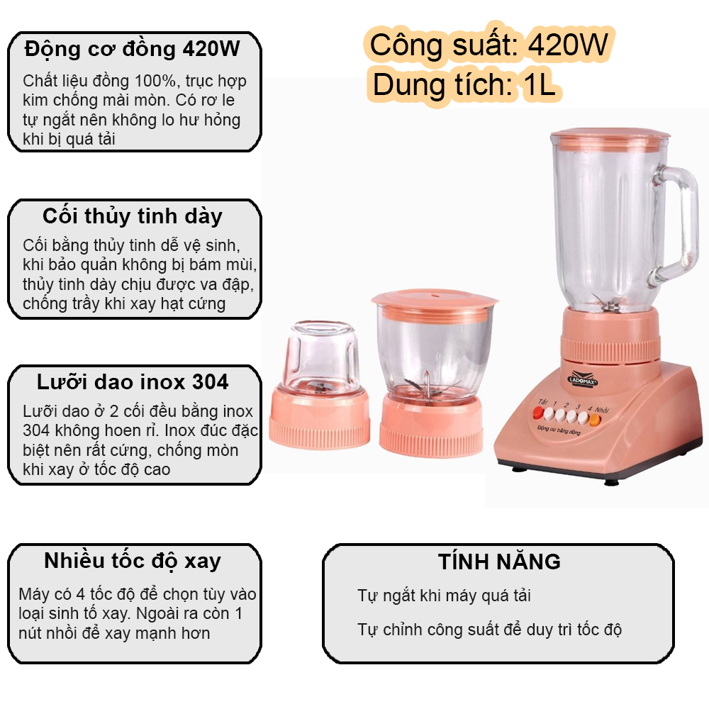 Máy xay sinh tố đa năng 420W Ladomax HA-9166-3 thiết kế 3 cối thủy tinh, động cơ đồng 100% không lo hư hỏng khi quá tải