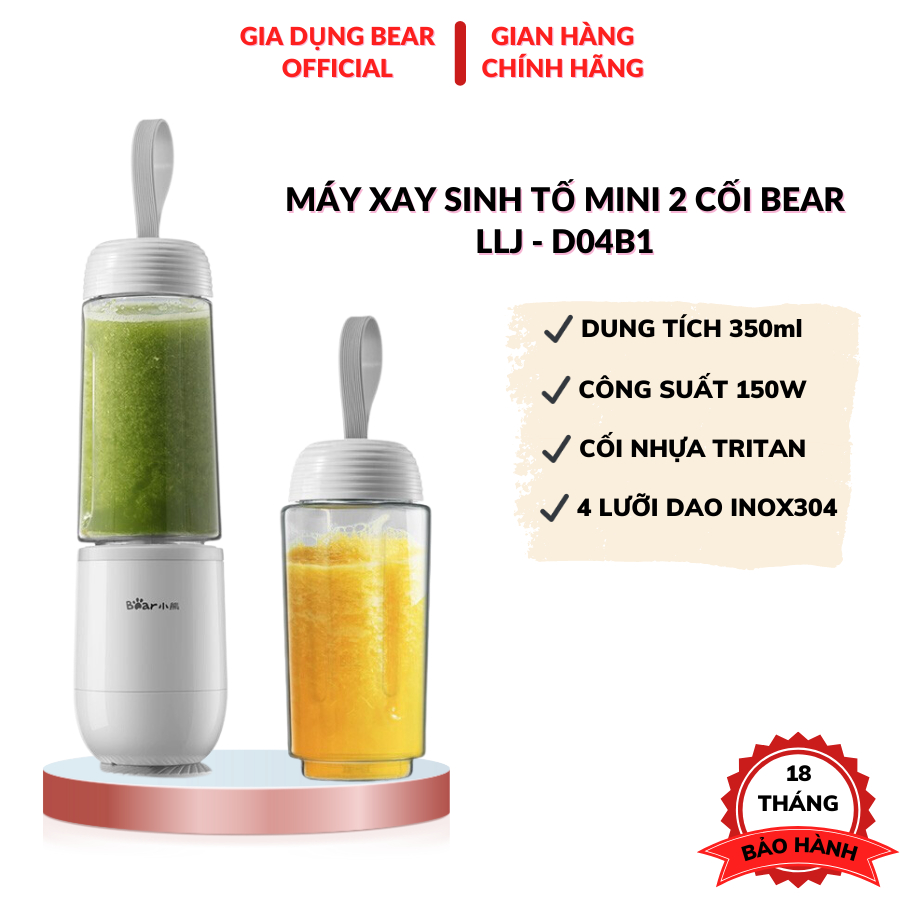 Máy xay sinh tố cầm tay mini tích điện Bear LLJ-D04B1 2 cốc xay có nắp chống tràn công suất 150W nhỏ gọn ít tiếng ồn