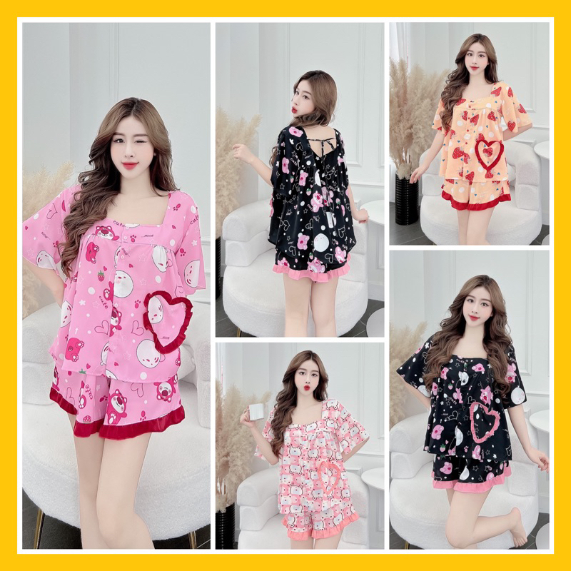 Bộ đùi cổ vuông tiểu thư lụa mango mềm mướt tay loe dễ thương 58-70kg_ Linhnguyenshop