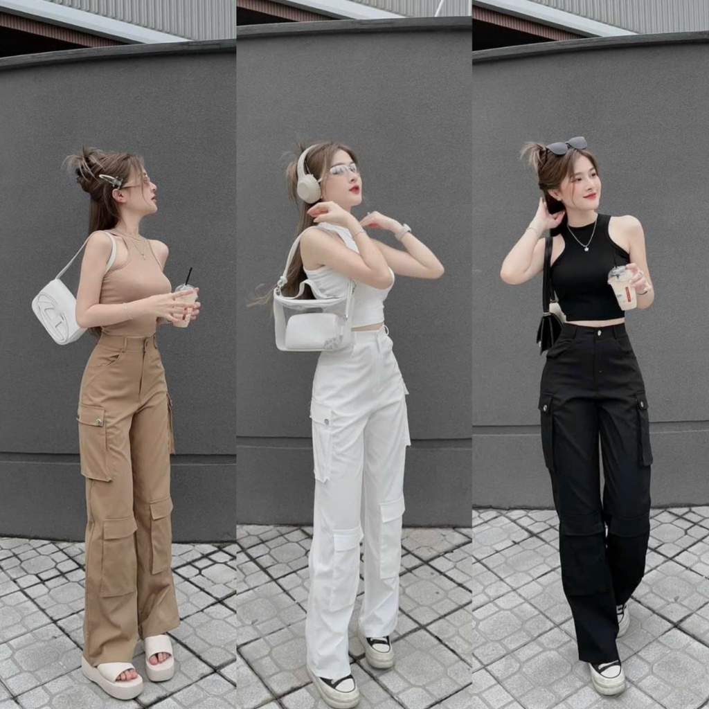 Sét đồ nữ áo 3 lỗ borip sang chảnh mix quần dài túi hộp kaki tôn dáng cá tính dễ thương đi chơi