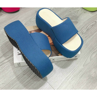 Dép kẹp xỏ ngón đế xuồng nữ quai ngang chéo xỏ ngón cao 7cm Xăng đan dép lê bánh mì nữ đế bằng bọc vải đi học làm biển