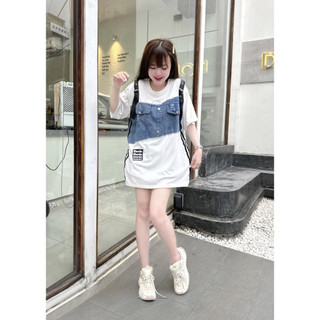 [ ẢNH THẬT ] ÁO THUN TRẮNG PHỐI JEAN TRƯỚC NGỰC CÓ ĐAI
