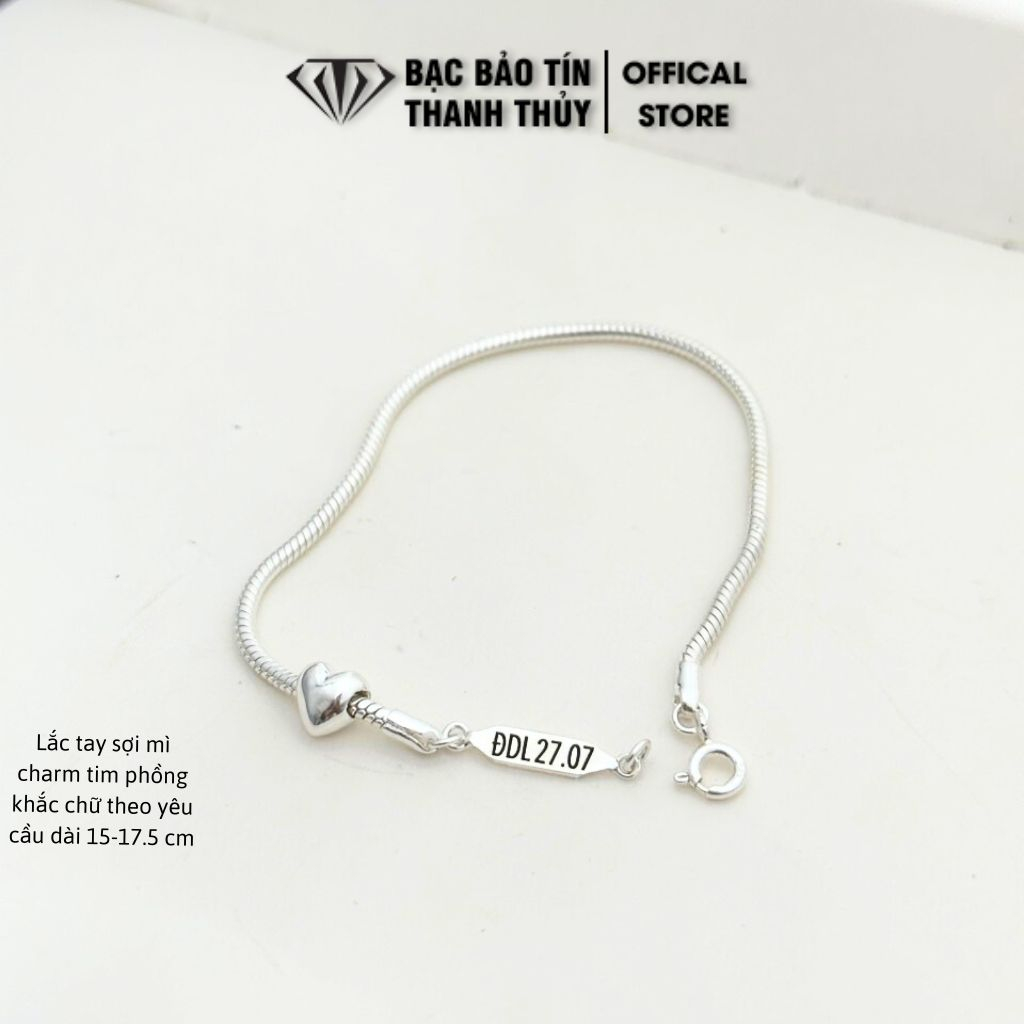 Lắc tay nữ bạc Bảo Tín Thanh Thủy, vòng bạc sợi mì tim phồng khắc tên theo yêu cầu size 15-17.5 cm, bạc ta nguyên chất