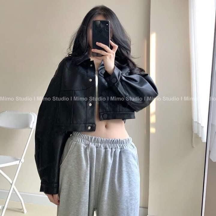 Áo khoác da dáng ngắn croptop cỏ bẻ tay bồng ulzzang, áo da nữ cao cấp