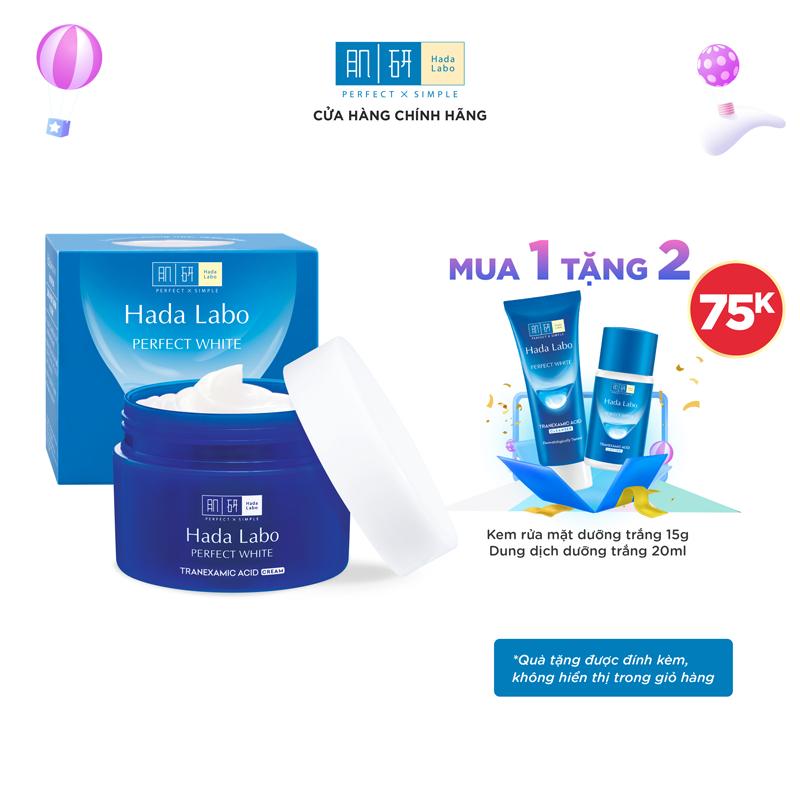 Hộp quà Kem dưỡng trắng da tối ưu Hada Labo Perfect White Tranexamic Acid Cream 50g (TẶNG Cleanser 15g + Lotion 20ml)