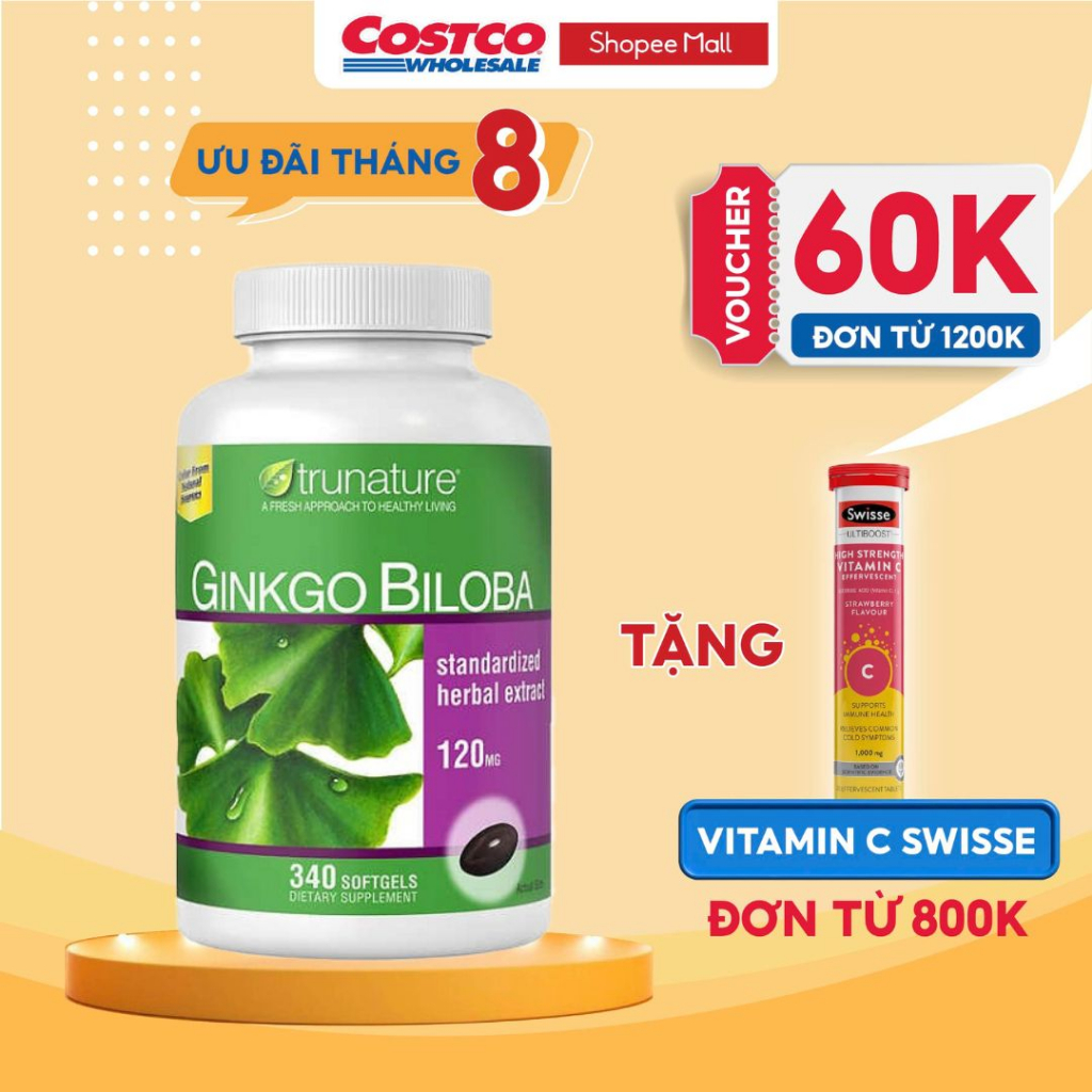 Viên uống Bổ não Trunature Ginkgo Biloba hỗ trợ tuần hoàn máu não 340 viên của Mỹ