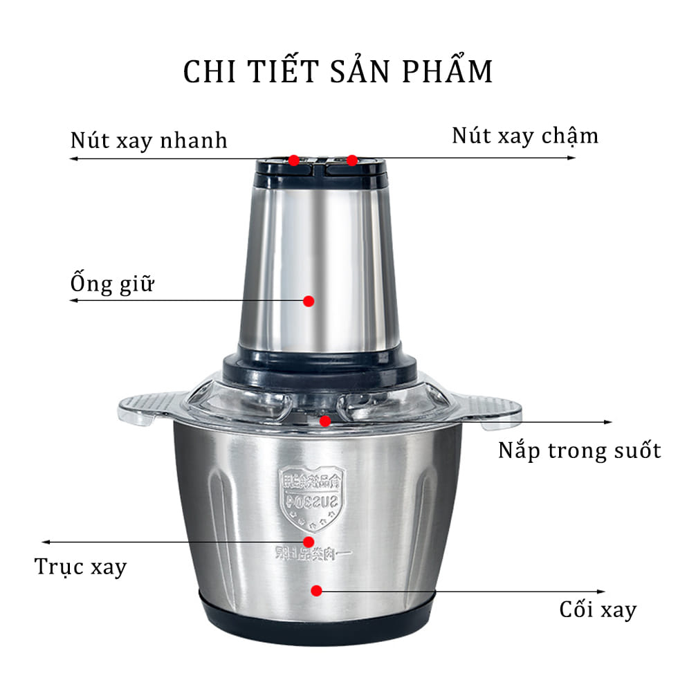 Máy Xay Thịt Melli Đa Năng Cối INOX 304 2L Công Suất 250W, 4 Lưỡi, Cối xay thực phẩm Đa Năng