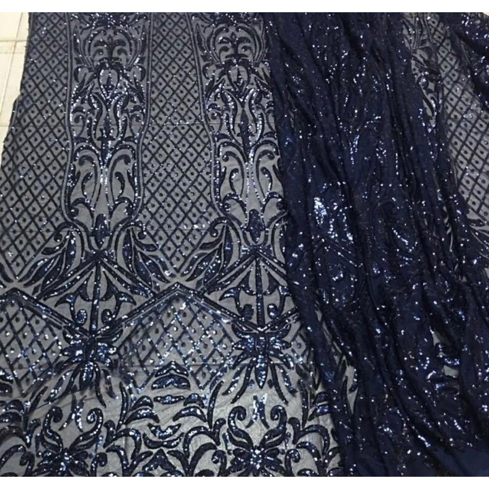 Vải ren kim sa màu xanh đen 907