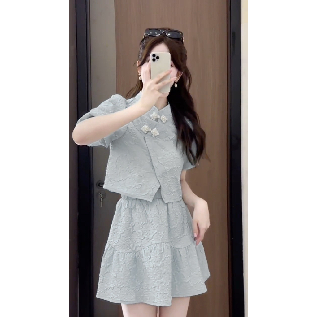 SET ÁO XỐP CROPTOP CỔ TÀU KÈM CHÂN VÁY