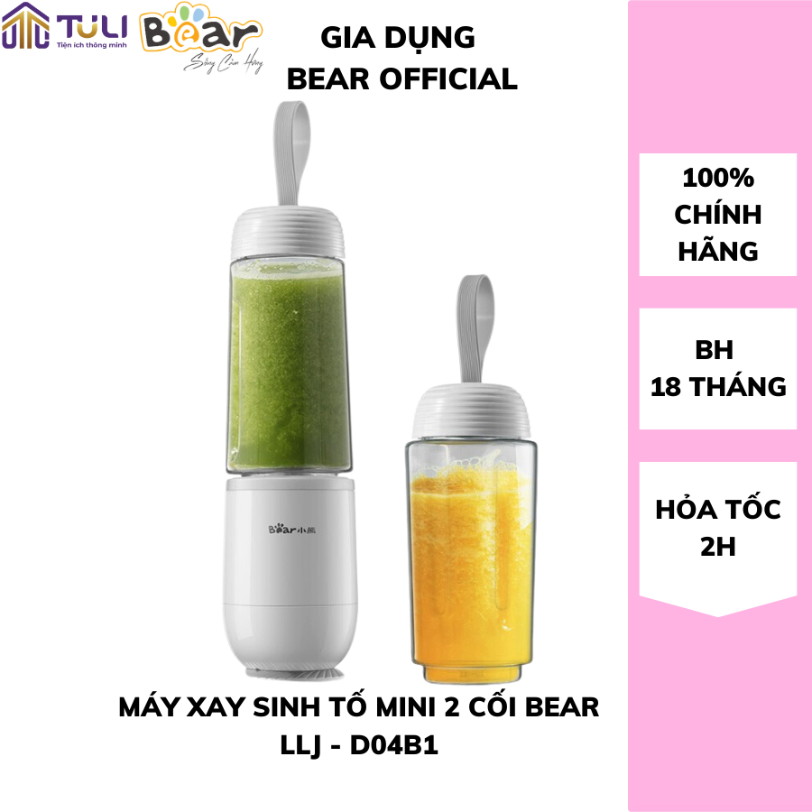 Máy xay sinh tố cầm tay mini tích điện Bear LLJ-D04B1 3 màu 2 cốc xay có nắp chống tràn công suất 150W nhỏ gọn ít tiếng