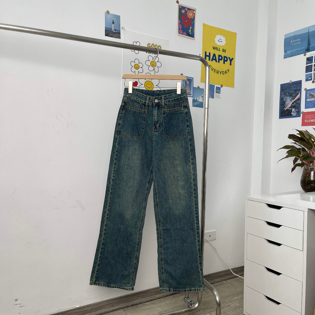 Quần jeans MC21.STUDIOS dáng dài ống suông lưng cạp cao bigsize Ulzzang Streetwear Hàn Quốc chất denim bò xịn Q3714