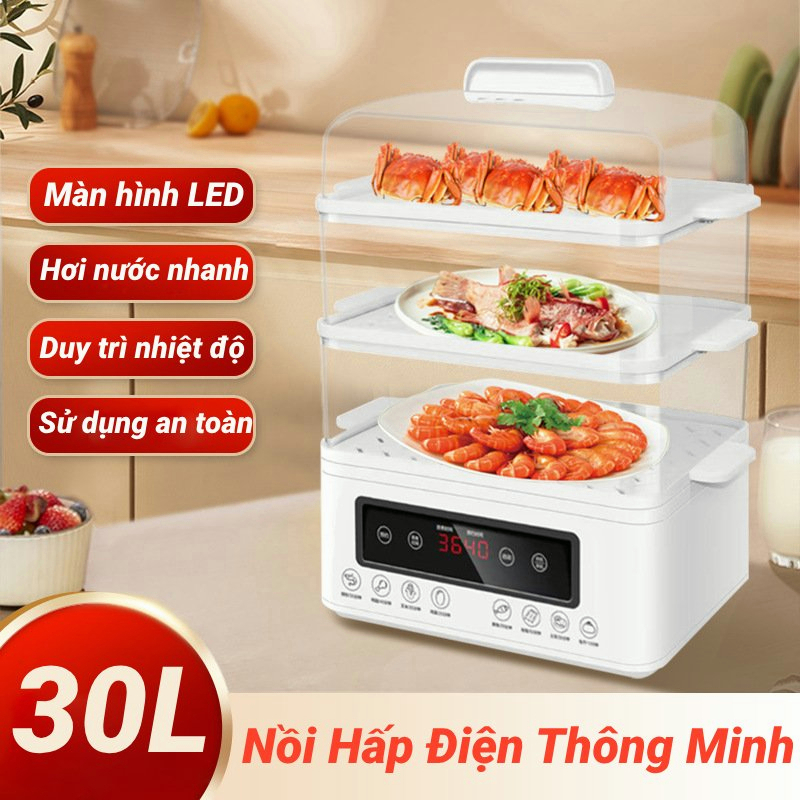 Nồi hấp điện đa năng 2/3 tầng dung tích 20L/30L- Hấp Gà nguyên con, Công Suất 800W, Chức Năng Hẹn Giờ Thông Minh
